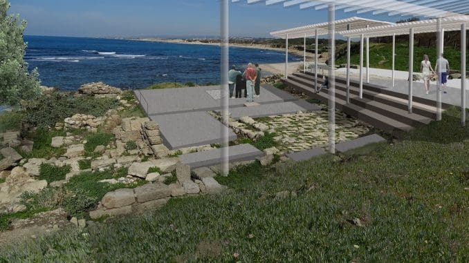 הדמיית תכנית הפיתוח של בית הכנסת העתיק בקיסריה. אדר' יערה שלתיאל ואדר' אלדד גרינפלד, רשות העתיקות