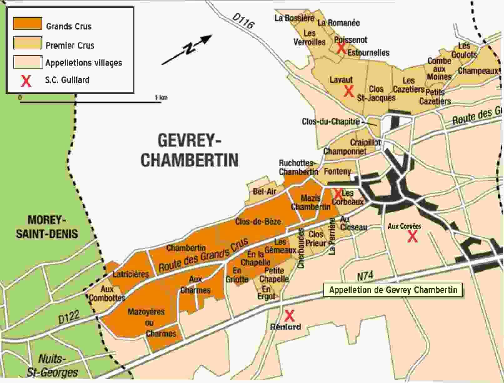מפת Gevrey Chambertin - תשעה סוגי יינות Grand cru, ו-26 סוגי Premier cru
