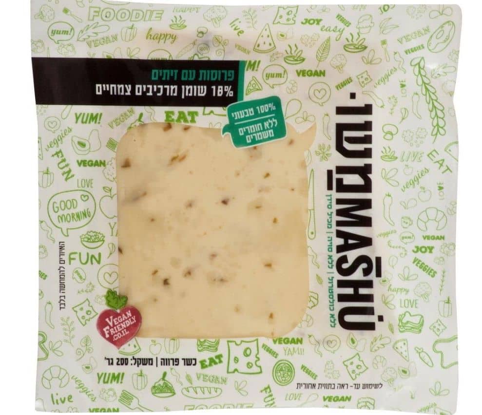צהובה זיתים 18% במרקם חצי קשה עם זיתים ירוקים - מועשרת בסידן ובסיבים תזונתי בסגנון ים תיכוני