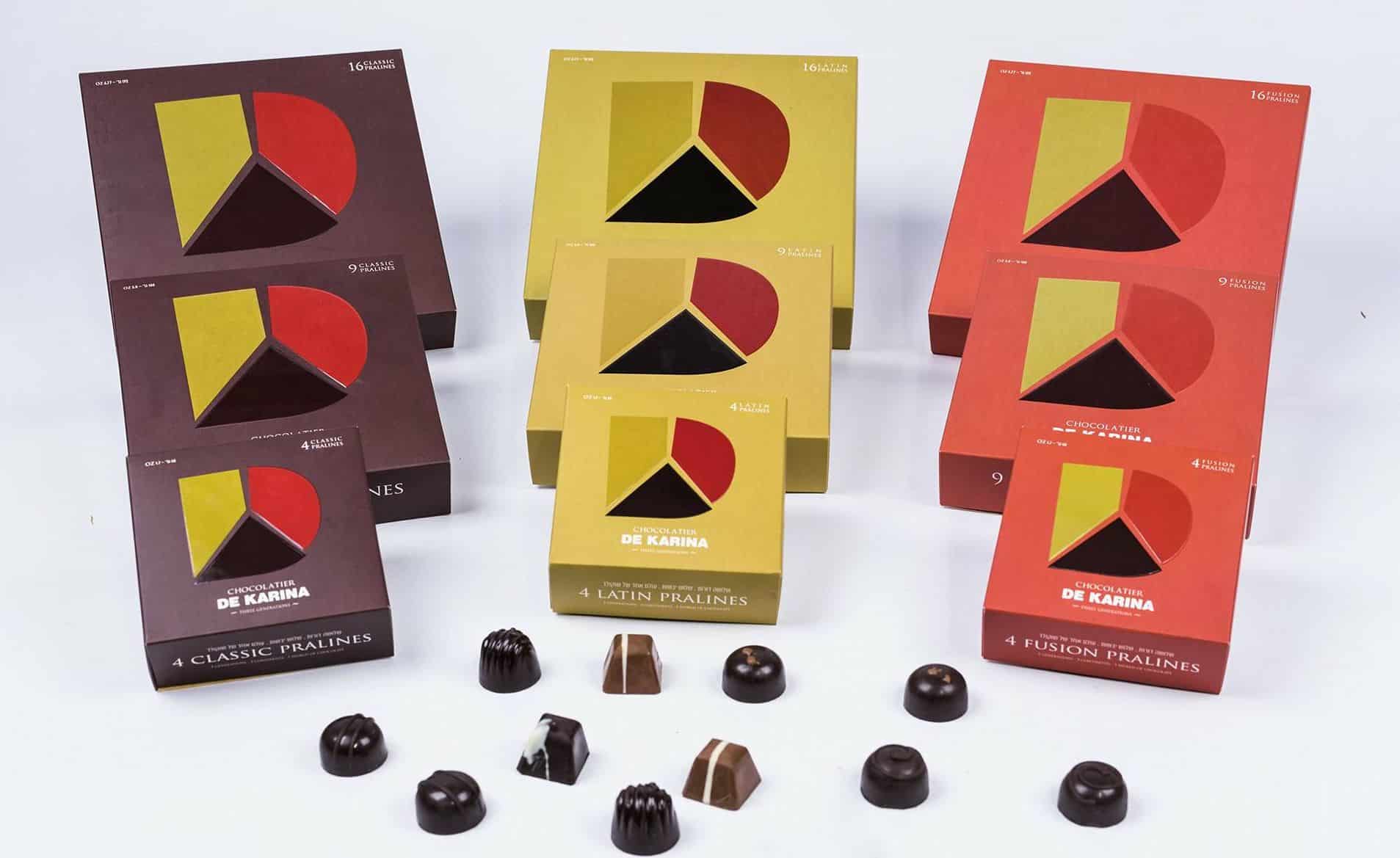 הקונספט החדש DE KARINA THREE GENERATIONS מציג לוגו המחולק לשלושה וכן שלוש סדרות של שוקולד. צילום עדי פרץ