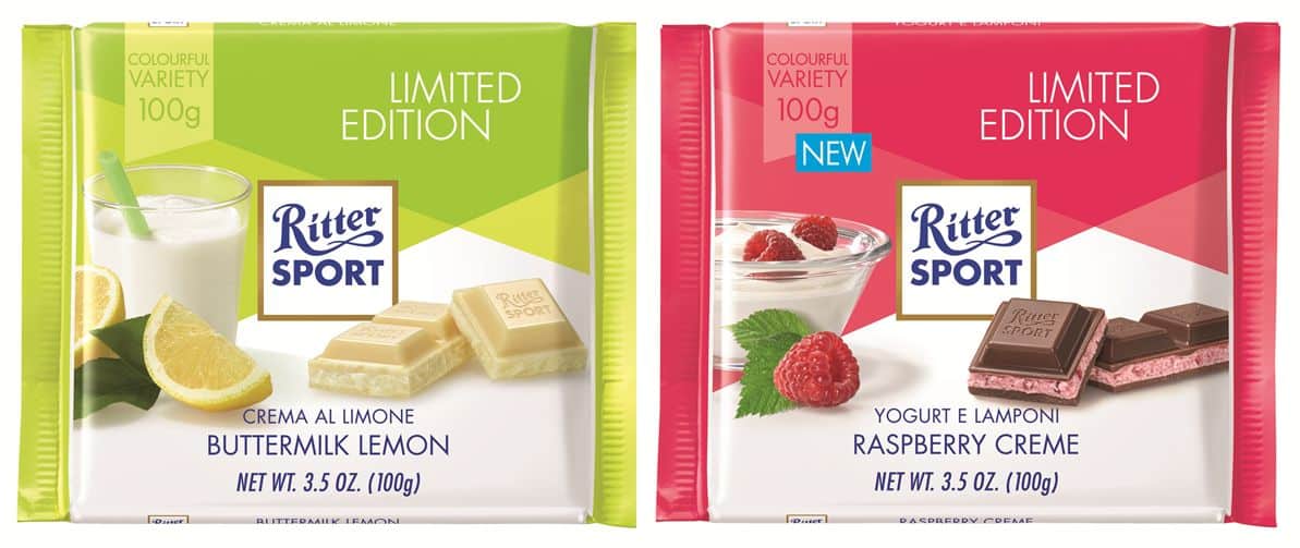 שני טעמי קיץ לשוקולד Ritter Sport: מילוי קרם יוגורט ופטל יוגורט ומילוי קרם חמאה ולימון