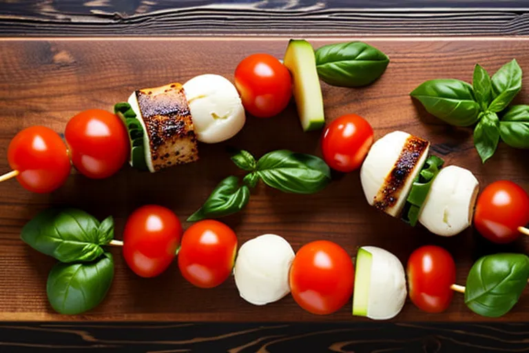 Prompt: Create a captivating food photo that highlights the vibrant colors and textures of the Caprese Skewers recipe. Show the skewers arranged artistically on a rustic wooden board with a soft light coming from above to enhance the appetizing appeal. Capture the details of the cherry tomatoes, mozzarella balls, and basil leaves, with a shallow depth of field to create a pleasing bokeh effect. Use a macro lens and shoot from a slightly overhead angle to showcase the beautiful arrangement of the skewers.