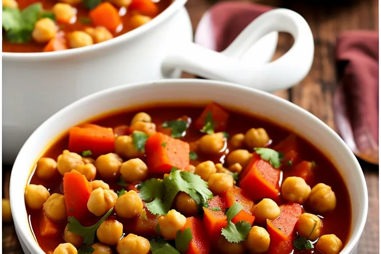Prompt: Capturing the warm and comforting essence of the Moroccan Chickpea Stew, create a mouthwatering photo that transports viewers to a vibrant spice market. Highlight the rich colors and textures of the stew, with fragrant spices and tender chickpeas, set against a backdrop reminiscent of the bustling atmosphere of a Moroccan souk. Use diffused lighting to create a soft, warm glow that illuminates the dish, enhancing its inviting appeal. Capture the photo from a slightly overhead angle to showcase the layers and depth of the stew in a rustic, earthenware bowl. Utilize a macro lens to capture the intricate details of the spices and ingredients, showcasing their vibrant hues and enhancing their visual impact.