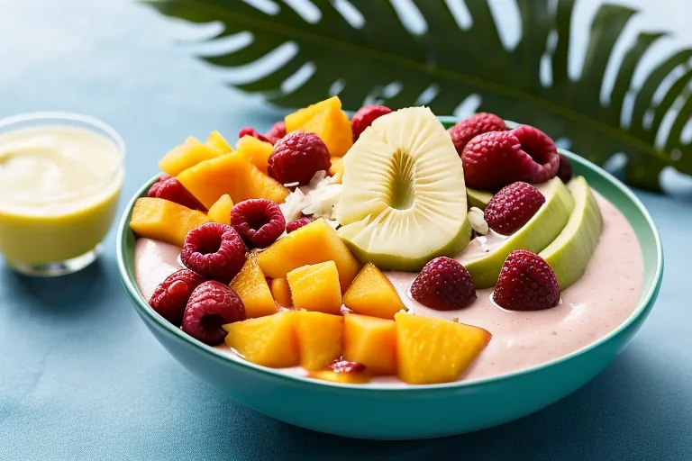 Promote the Tropical Delight Smoothie Bowl with a vibrant and tropical photo featuring a colorful coconut and pineapple backdrop. The smoothie bowl should be the focal point, placed in the center of the frame, capturing its refreshing and creamy texture. The lighting should be bright and natural, with the sunlight casting a soft glow on the smoothie bowl. The photo should be taken from a slightly overhead angle to showcase the beautiful toppings of sliced kiwi, shredded coconut, and chia seeds. Use a macro lens to capture the small details and textures of the toppings, creating a visually appealing and mouthwatering image.